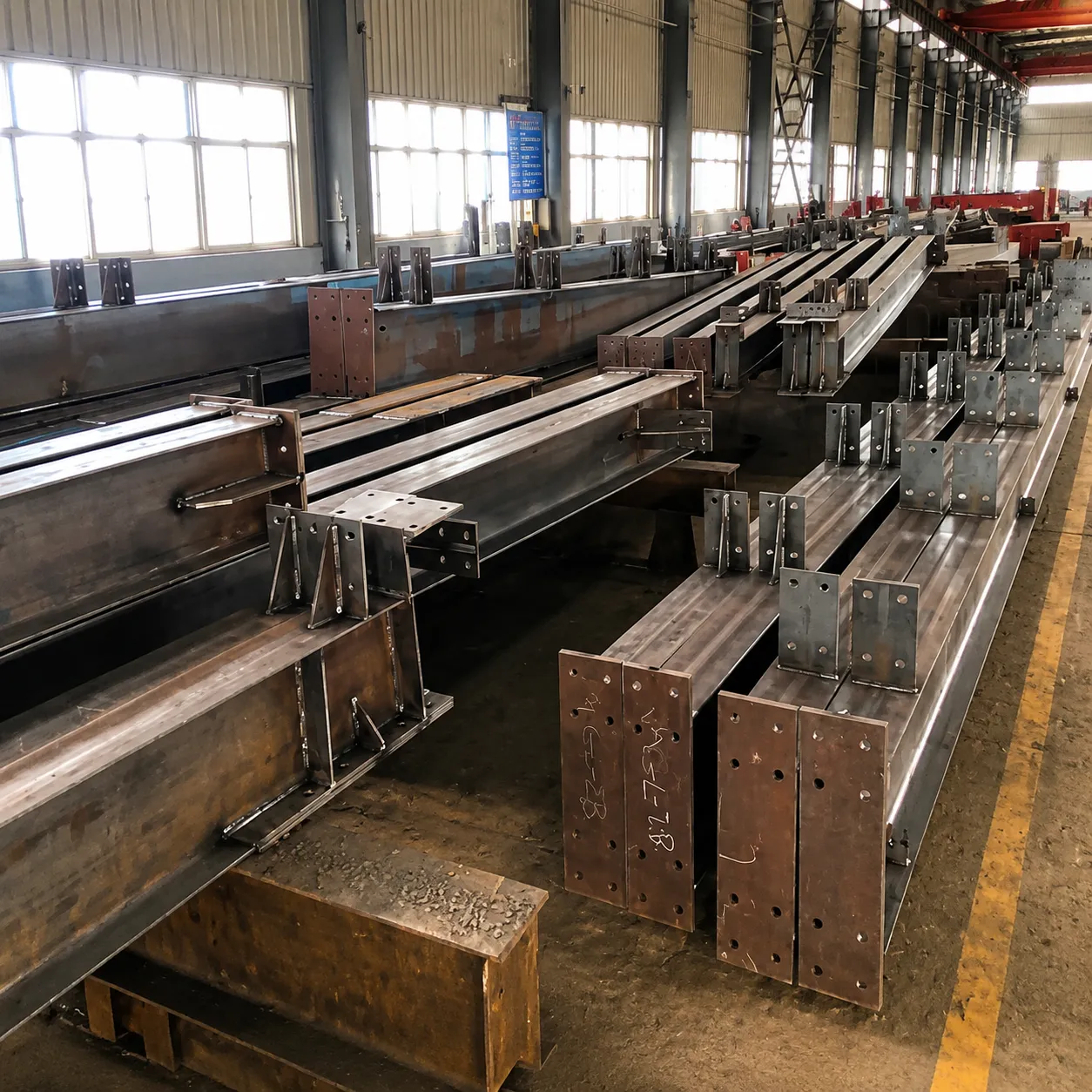 Welded H-section steel members with connection plates for the 4,320 m² Bolivia warehouse project.