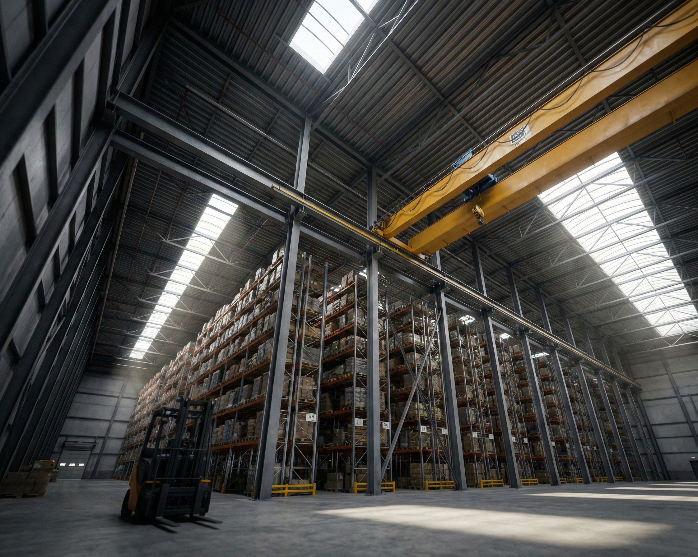 Heavy-duty steel structure warehouse with an overhead bridge crane, high-bay pallet racks, skylights, and forklift access.