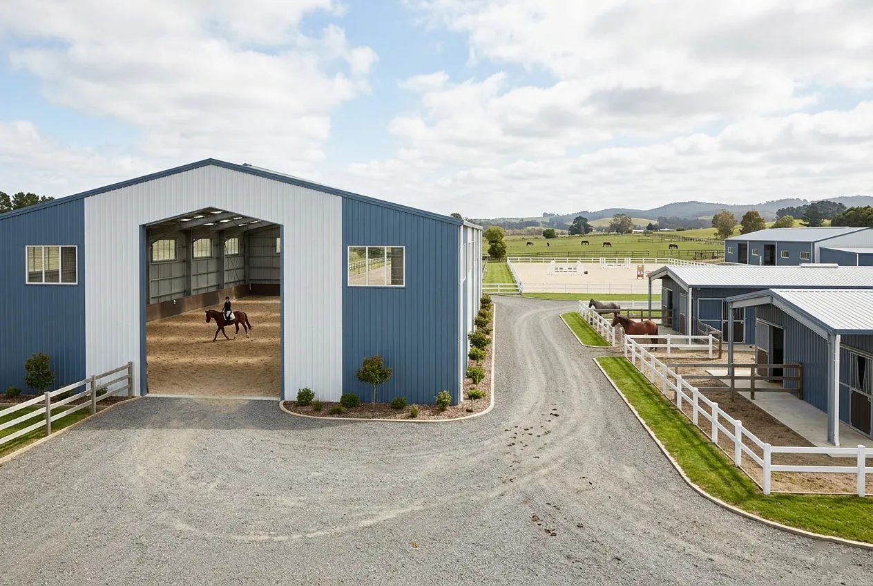Horse barns with indoor arenas featuring a steel frame riding facility, metal stable buildings, fenced paddocks, and access roads for equestrian farm projects.