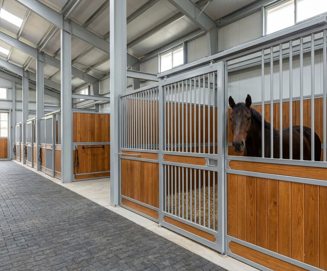 Stall fronts for horse barns with galvanized steel bars, wood lower panels, stable corridor layout, and durable metal stall doors for equestrian facilities.
