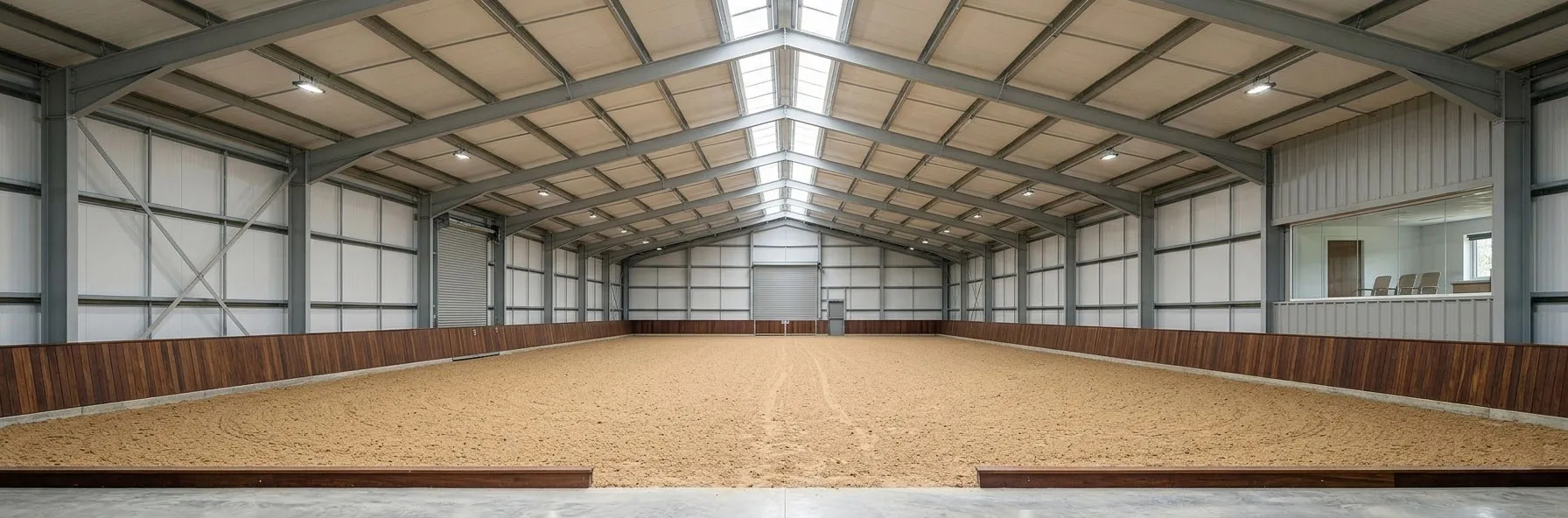 Horse barns with indoor arenas featuring a clear-span steel frame, skylight roof panels, sand riding surface, and enclosed training space for equestrian facilities.