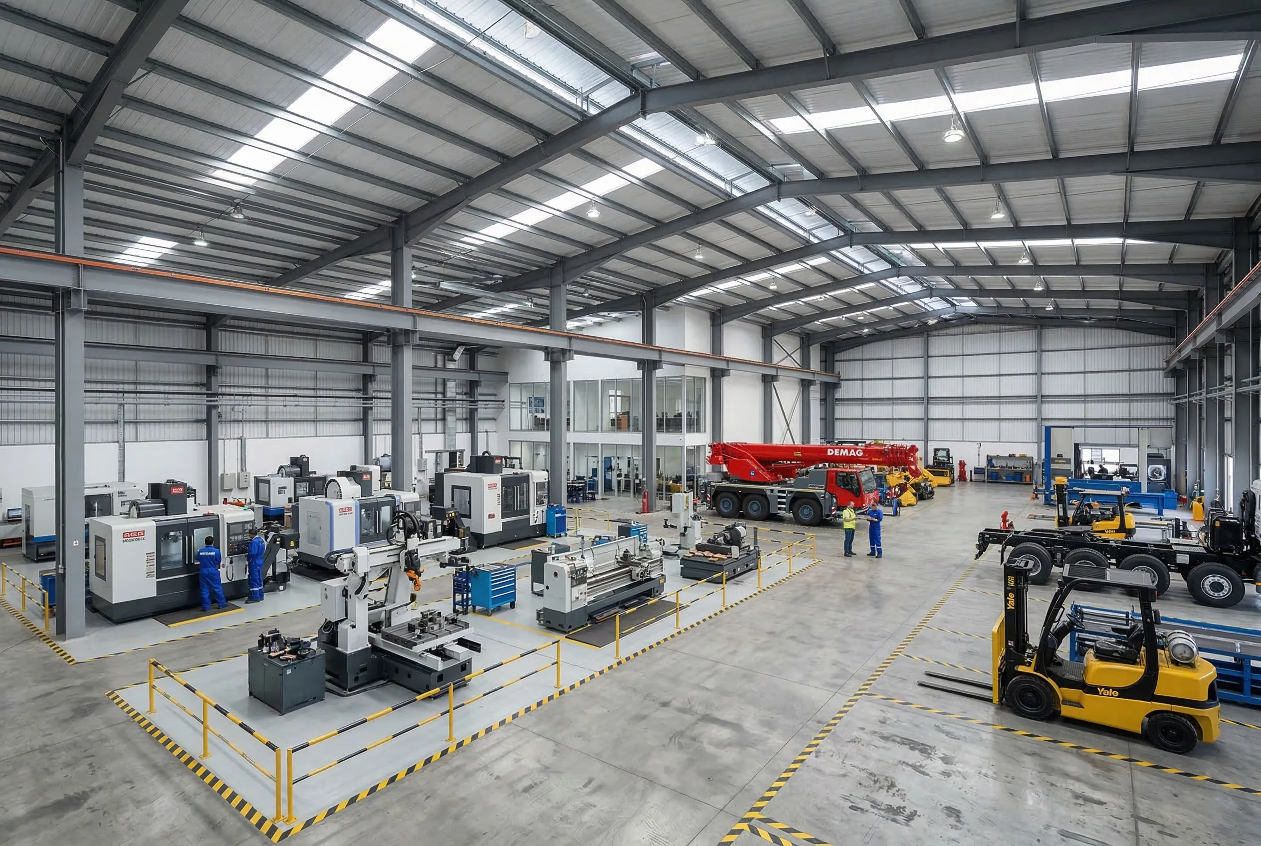Industrial equipment showroom interior with steel frame structure, machinery display areas and large open commercial exhibition space