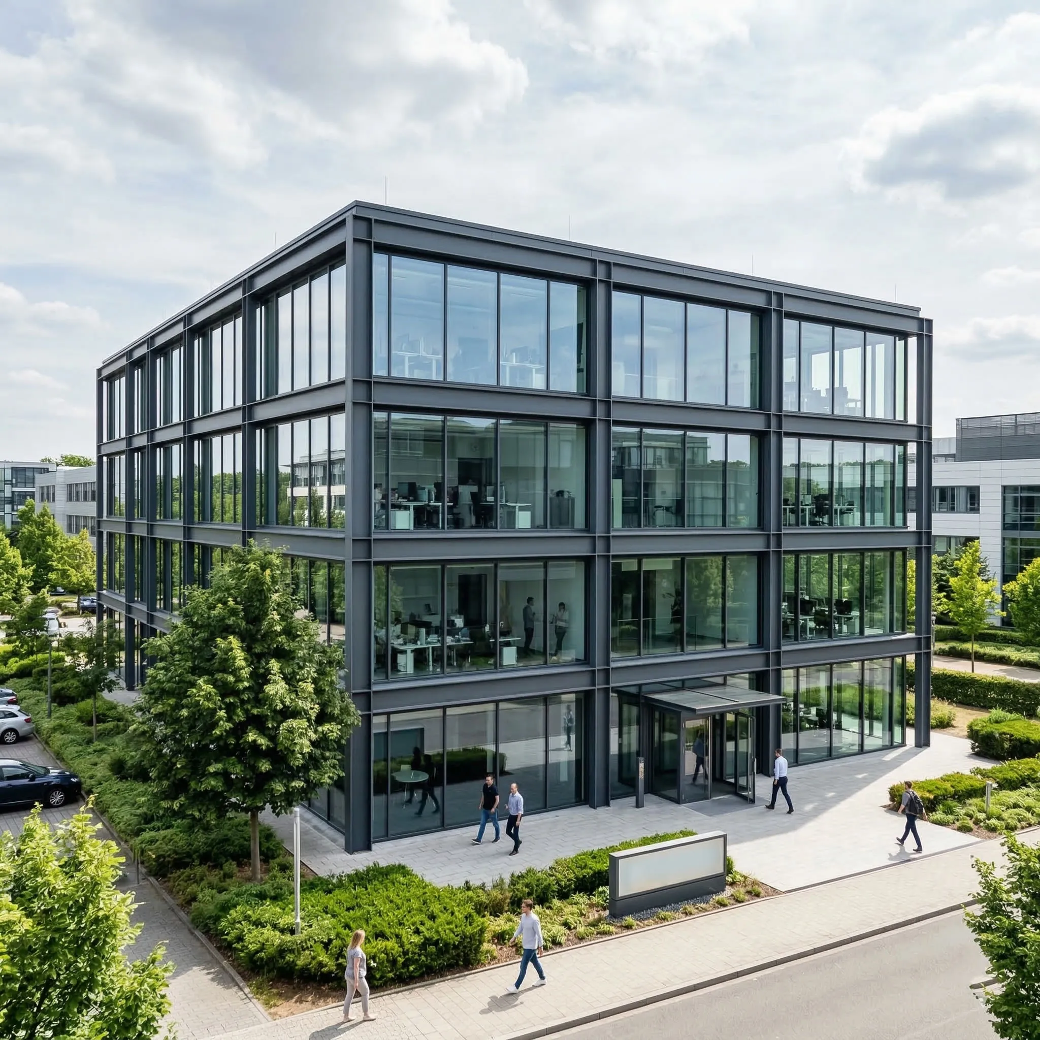 Industrial park office building with steel frame exterior, large glass windows, landscaped entrance area and multi-floor workspace for administration and business service teams.