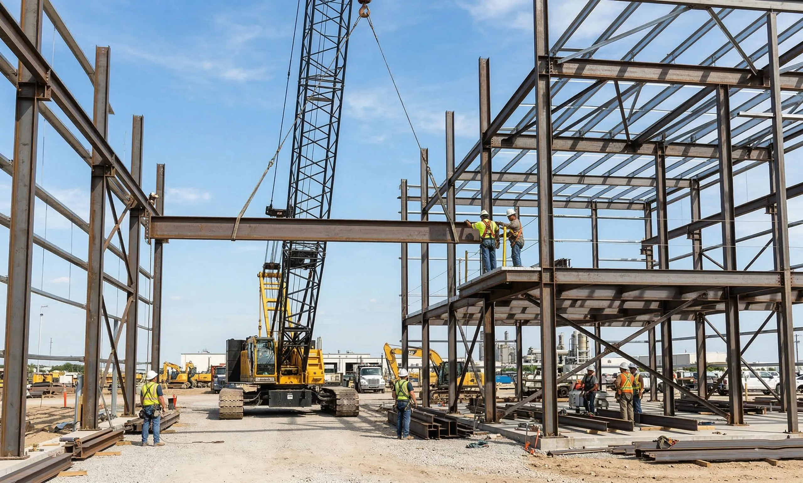 Industrial steel structure building construction with a crane lifting a beam for site assembly.