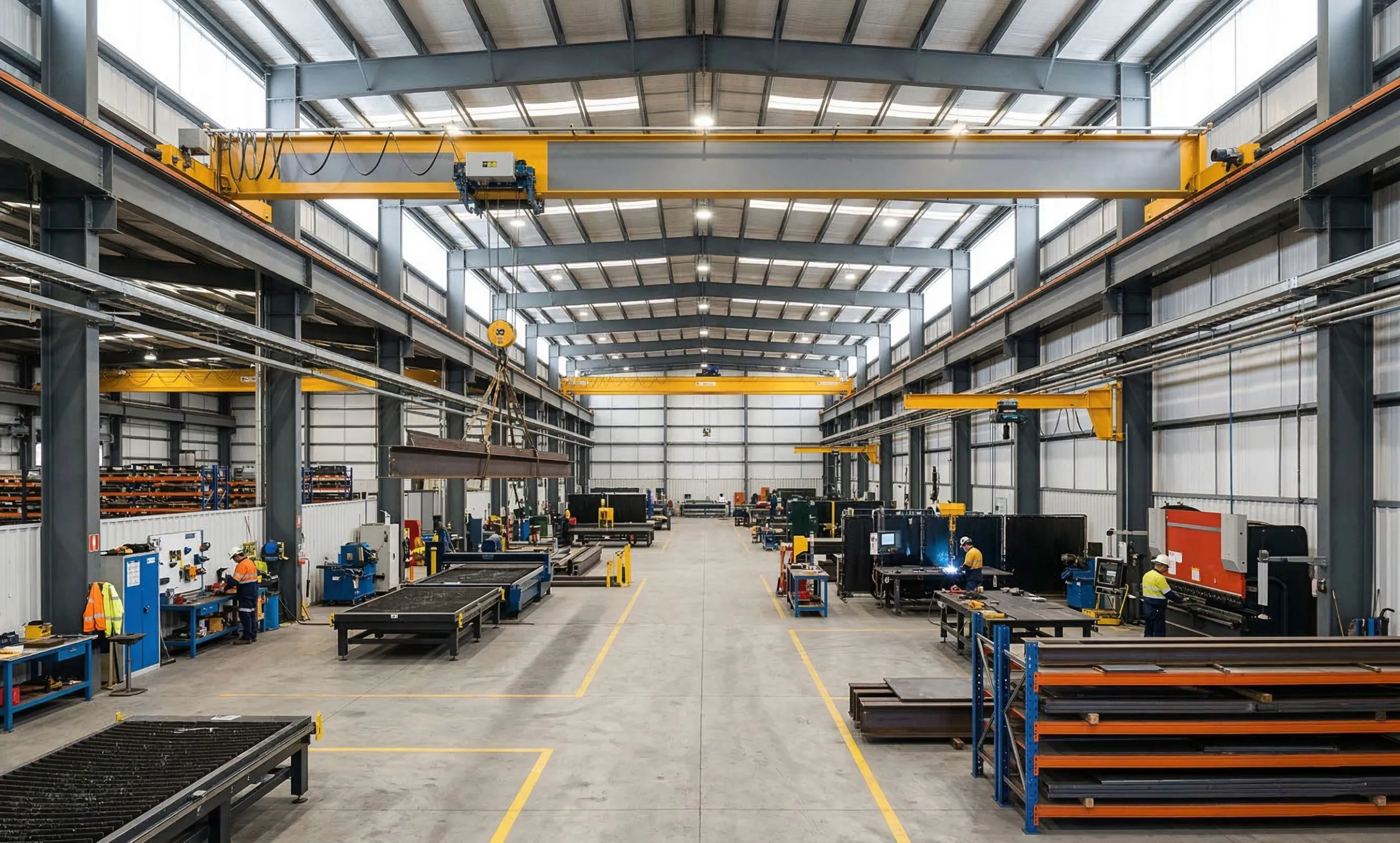 Overhead cranes and fabrication stations inside an industrial steel structure factory building.