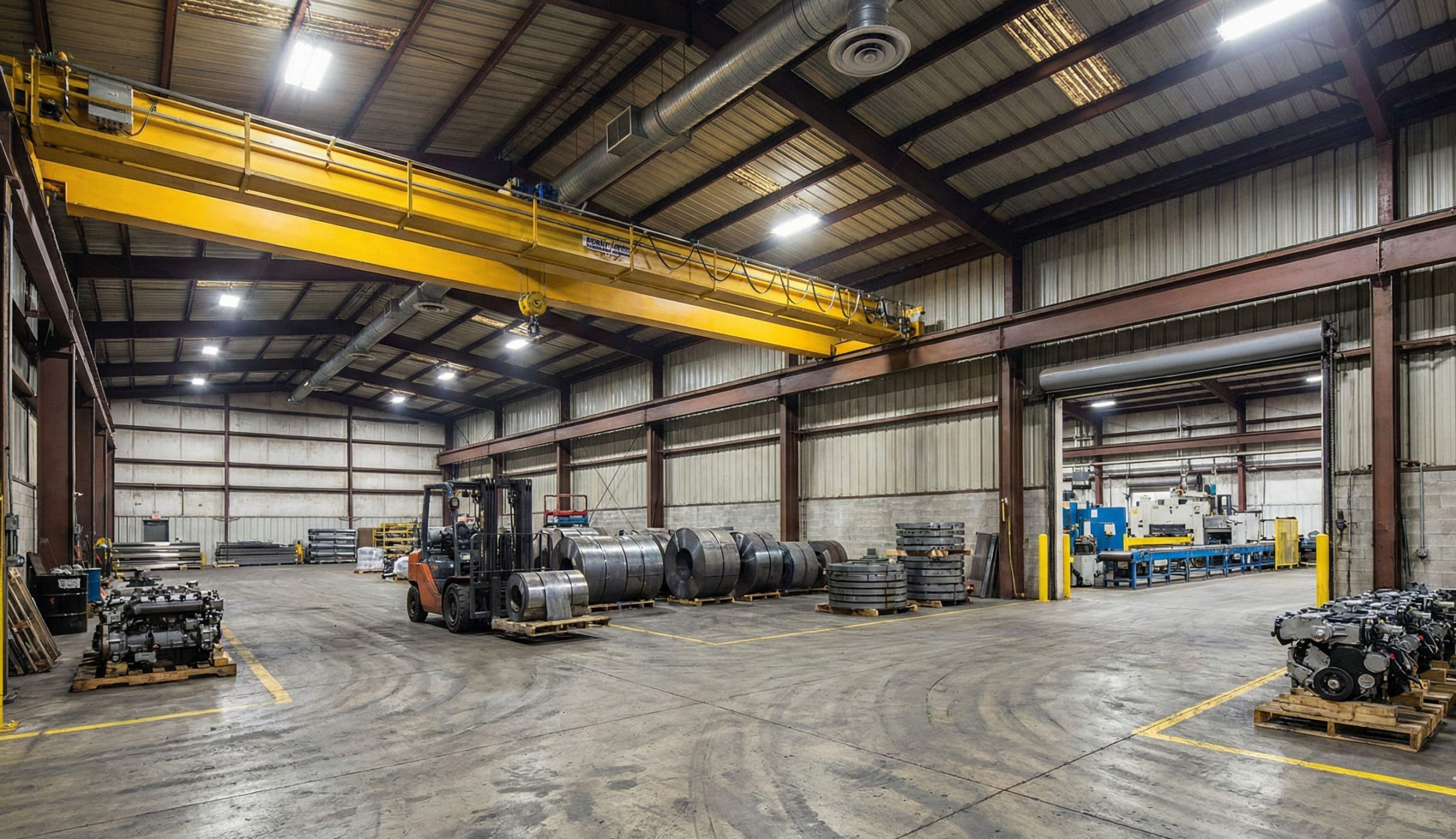 Operational industrial steel warehouse with an overhead bridge crane, steel coil storage, forklifts, and production equipment.