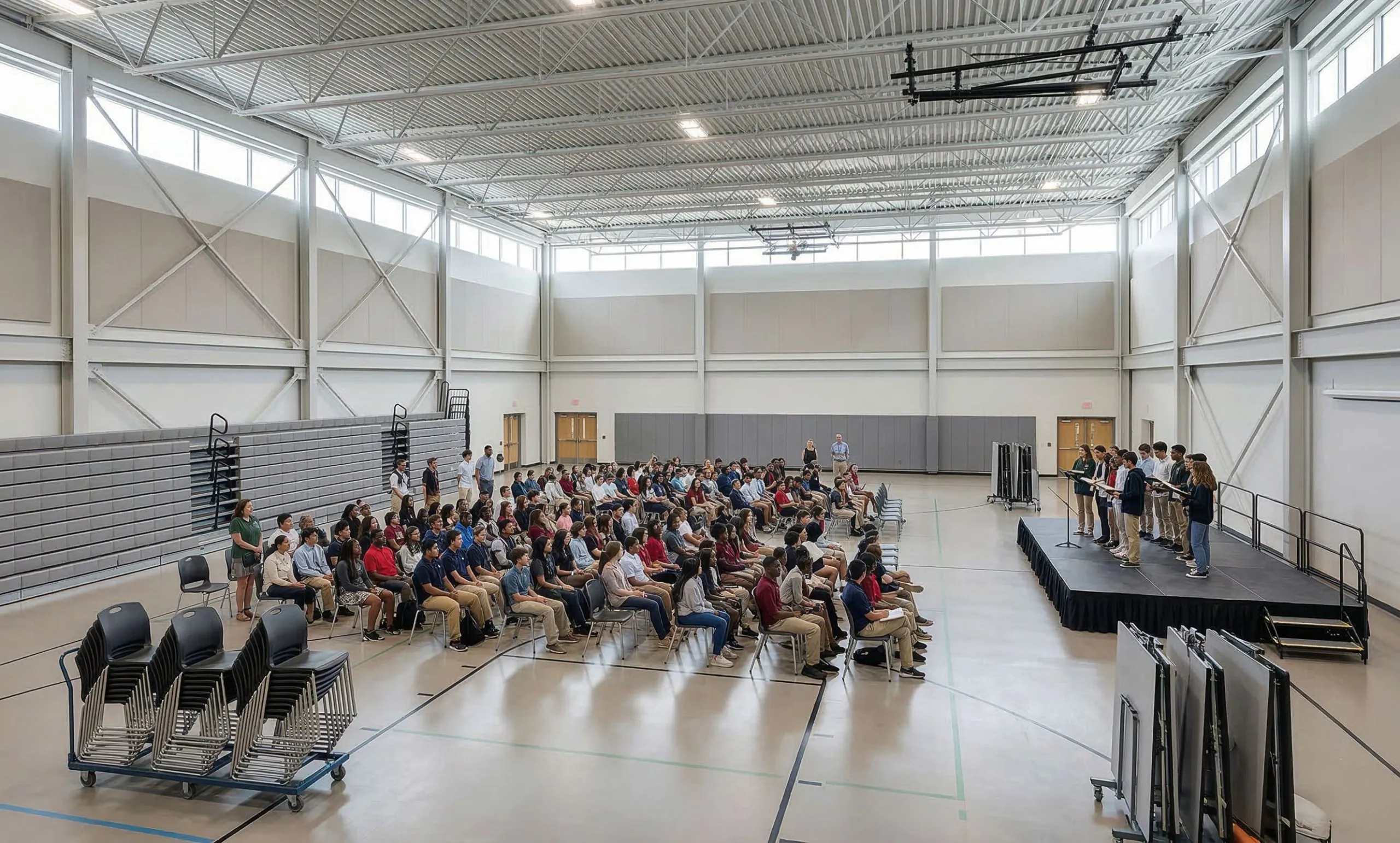 Inside school building multi-purpose hall with clear-span steel roof trusses, high daylight windows, student seating, and a stage for school assemblies and events.