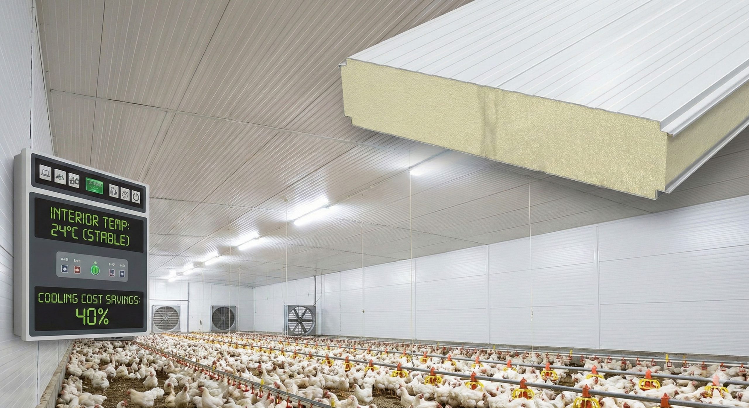 Interior of an insulated chicken house with sandwich-panel walls and roof, feeding lines, broilers and ventilation fans.