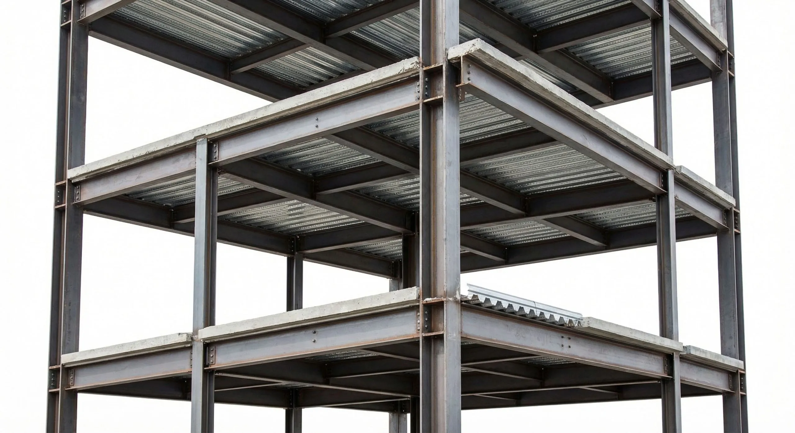Steel columns, beams and composite floors form an integrated multi-storey structural system.