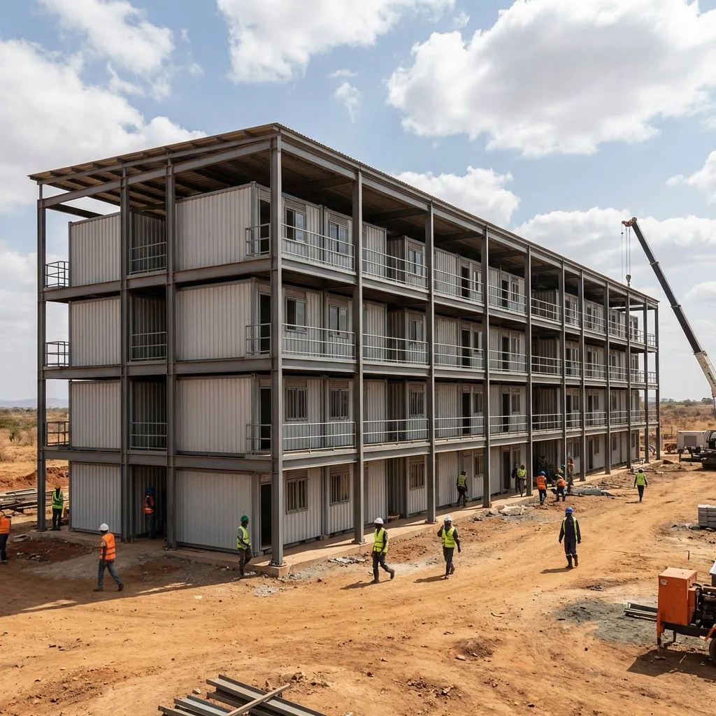 Kenya 5-floor residential multi-storey steel building used as a worker dormitory, with repeated room modules and balconies.