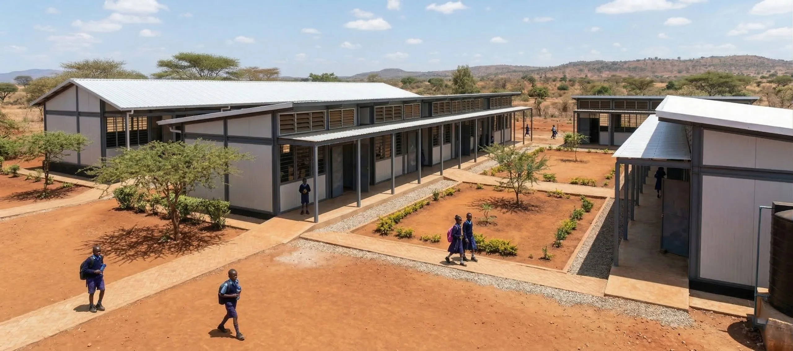 Kenya rural primary school building complex with single-story classroom blocks, high-reflectivity metal roofs, shaded walkways, natural ventilation windows, and students on campus.