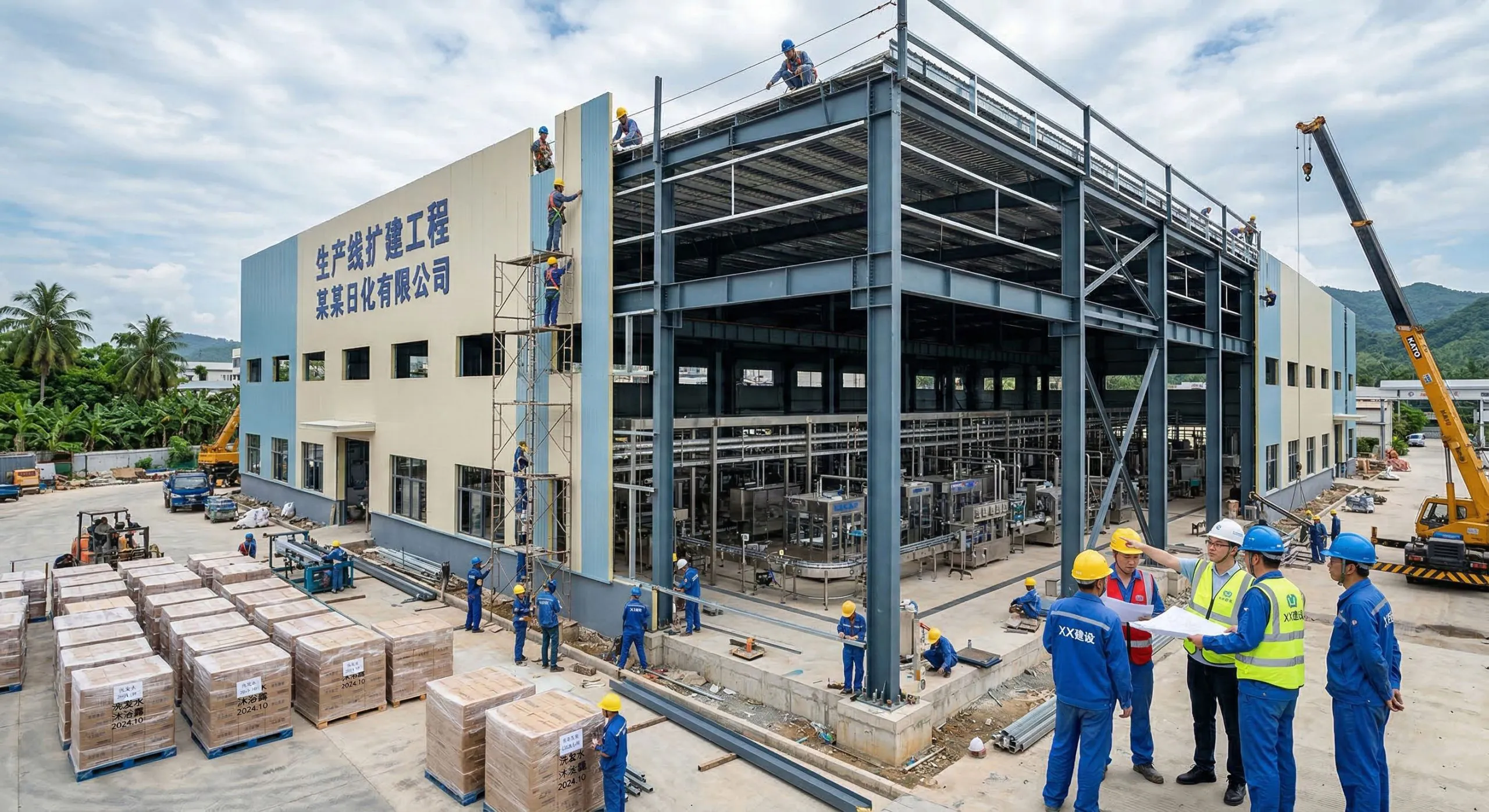 Workers install wall panels on a steel-framed FMCG factory with production lines under expansion in Kenya.
