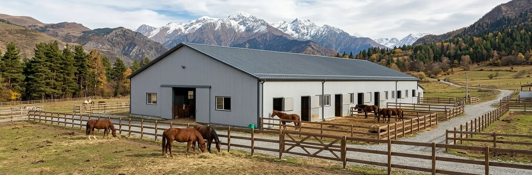 Large horse barns with metal roof panels, multiple stable doors, fenced paddocks, and durable steel structure for equestrian ranch projects.