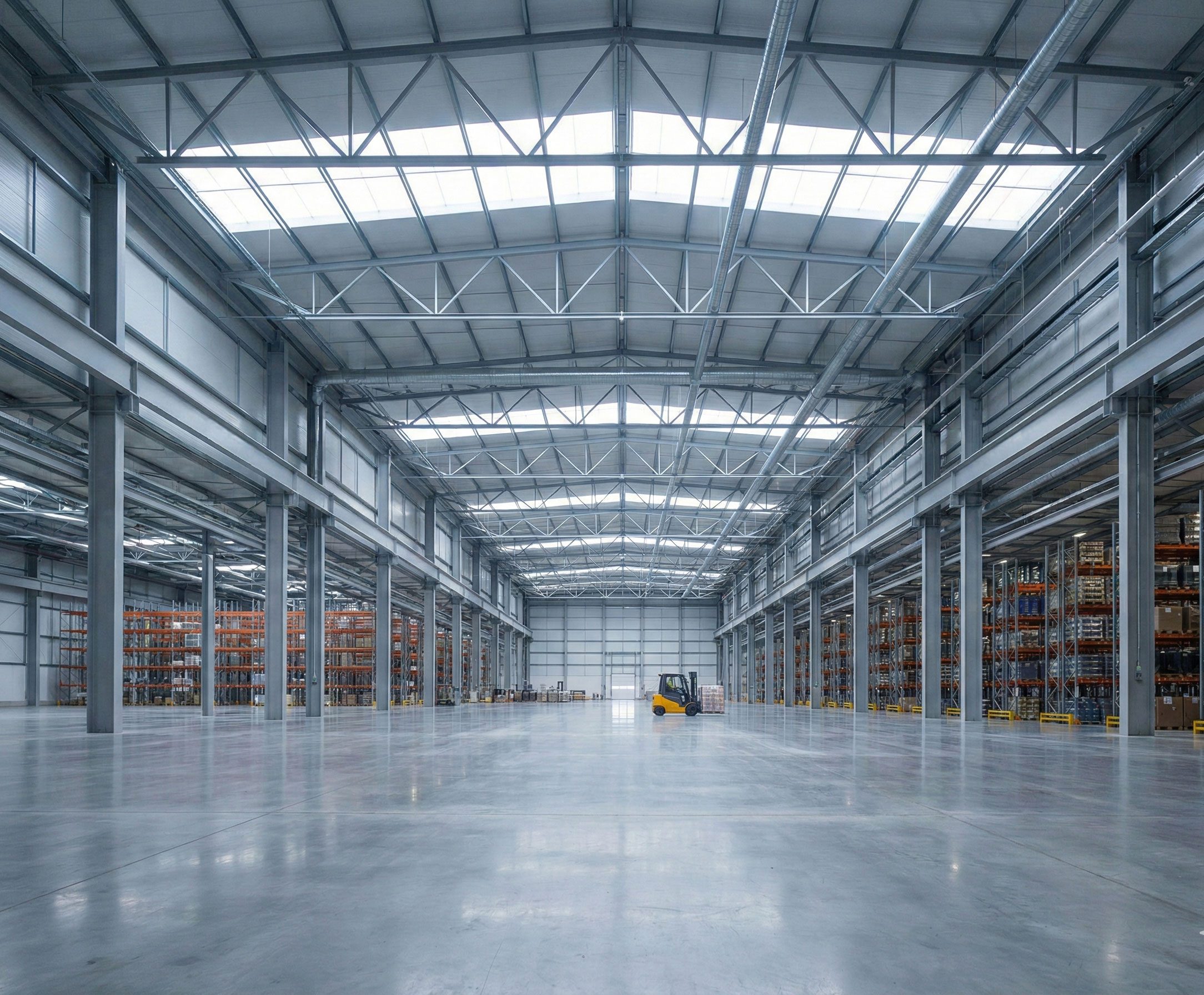 Large-span steel structure warehouse interior with roof trusses, skylights, pallet racks, and a wide forklift aisle.