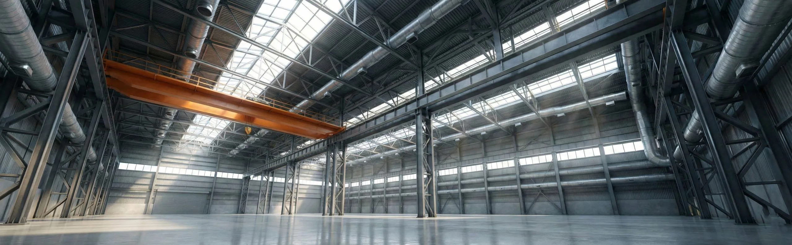 Large span steel structure workshop interior with overhead crane, steel frame roof, skylights, ventilation ducts, and open production floor.