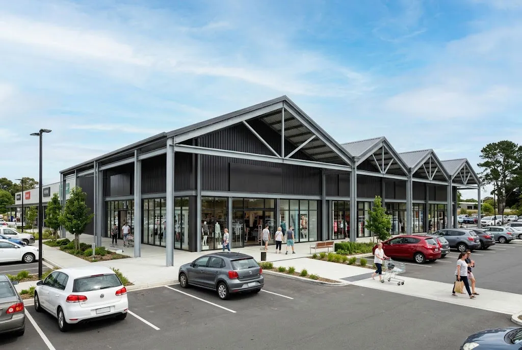 Large steel frame commercial showroom building with glass storefront facade and spacious outdoor area for customer display access