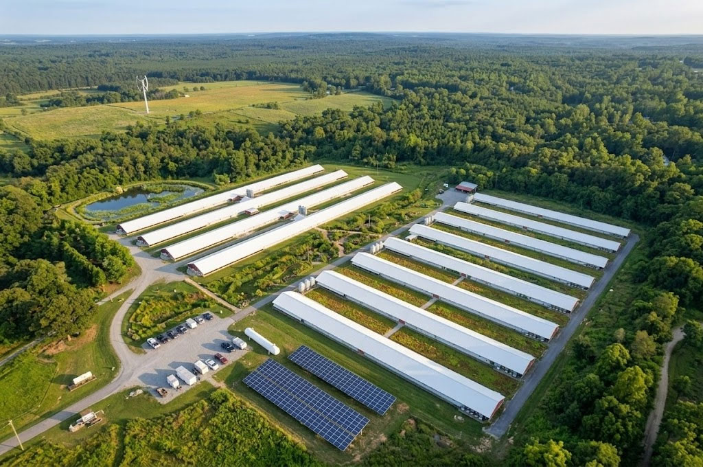 Aerial view of a large chicken house project with multiple poultry buildings, access roads and solar panels.