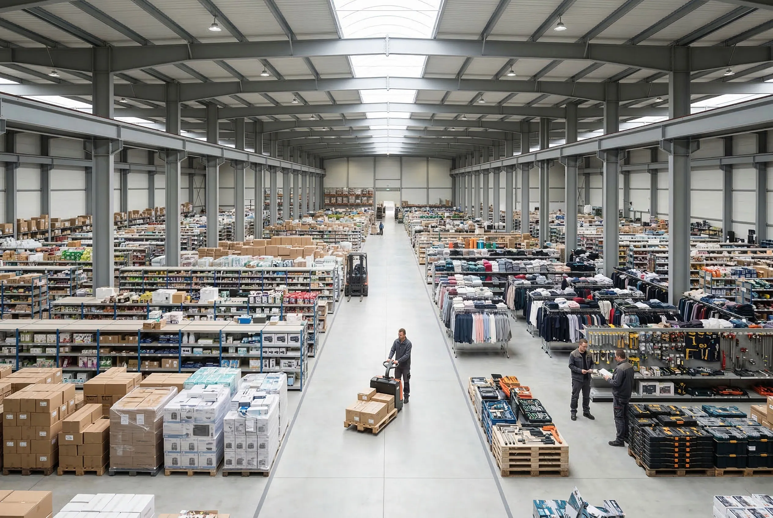 Large steel structure retail showroom interior with product display areas, high ceiling frame and spacious commercial layout