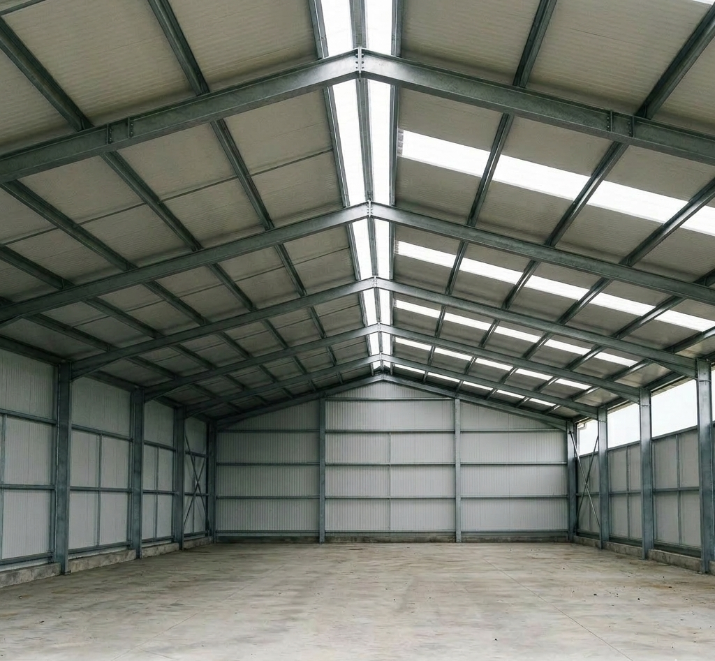 Empty interior of a light steel structure for pig shed with galvanized portal frame, roof purlins, wall panels, concrete floor, and skylight roof panels.