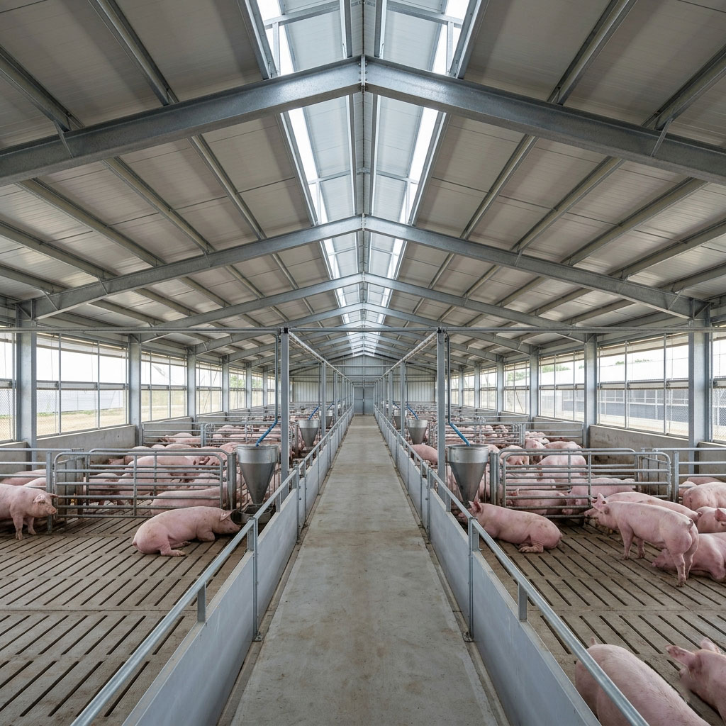 Interior view of a light steel structure for pig shed with galvanized roof framing, skylight panels, central aisle, grouped pig pens, slatted flooring, and sidewall ventilation.