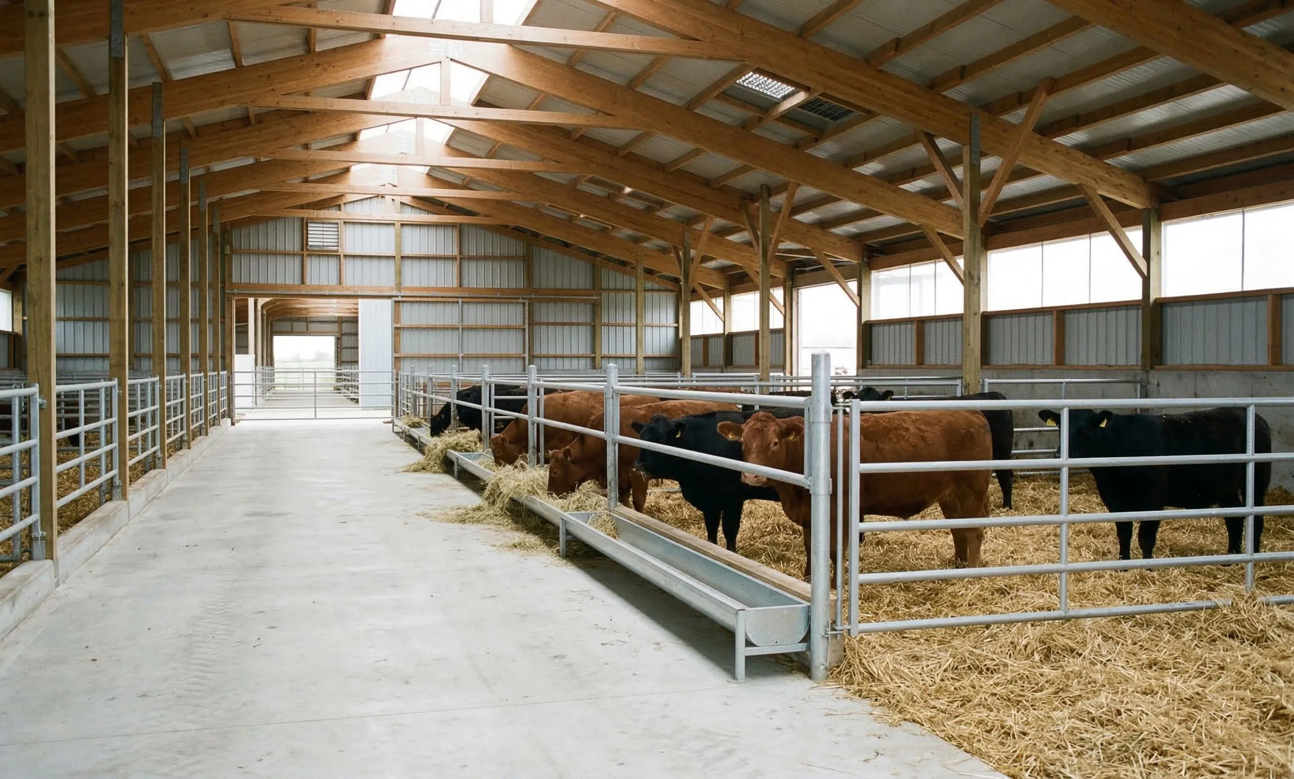 Cattle housed in an agricultural livestock facility with feeding rails, open pens, and timber roof framing.