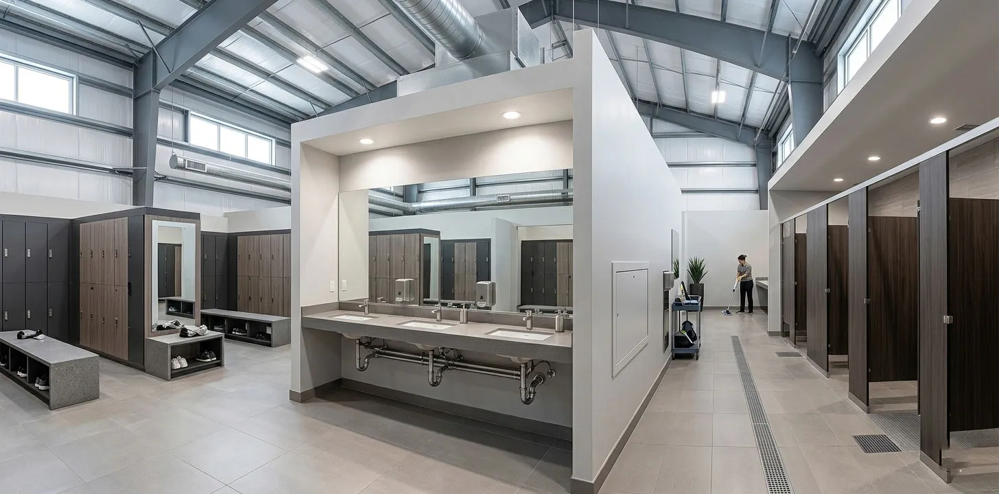 Locker room with storage cabinets, benches, washbasins, privacy cubicles, floor drains and exposed steel framing.