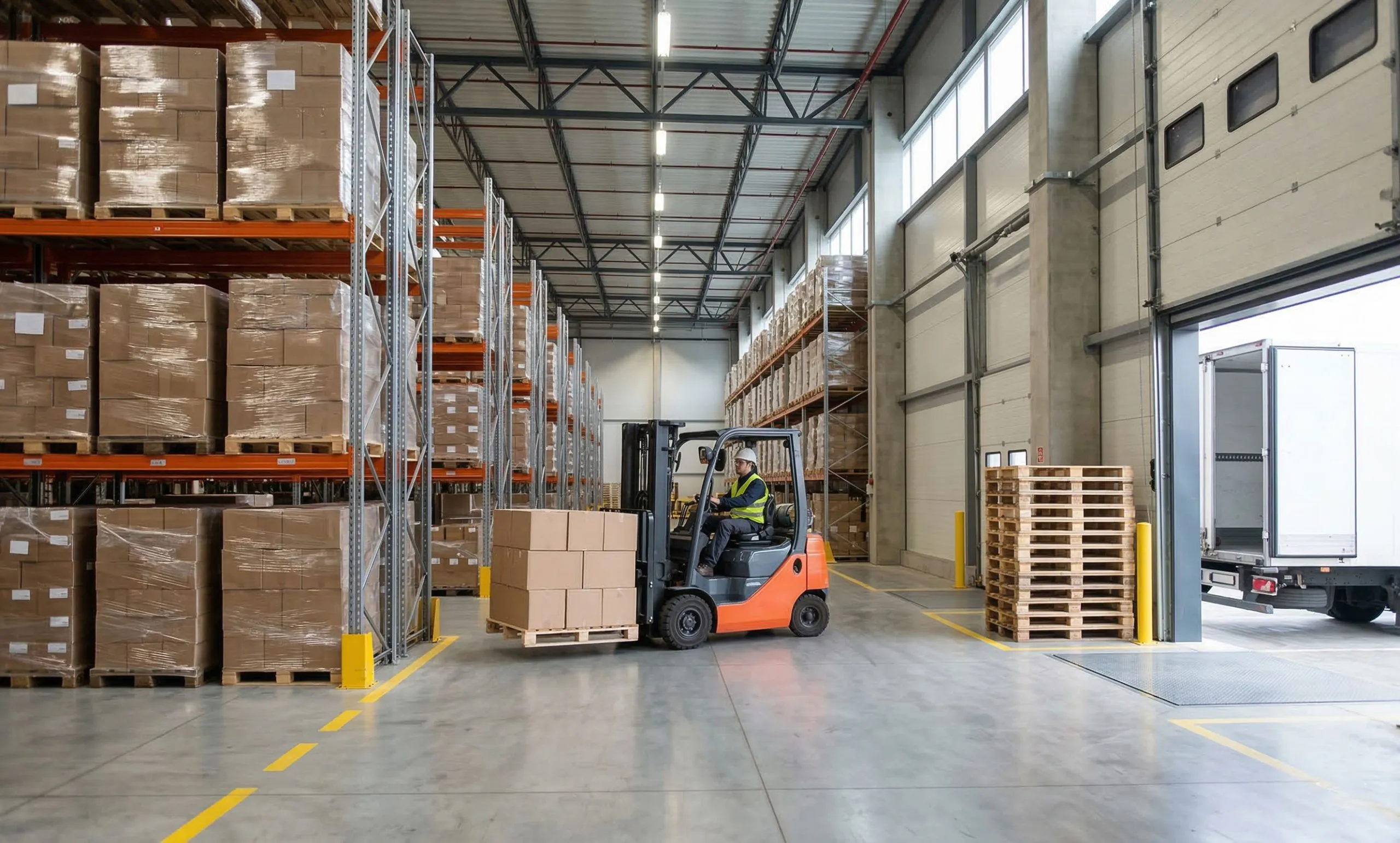 Forklift moving palletized goods inside a steel structure industrial building for logistics operations.
