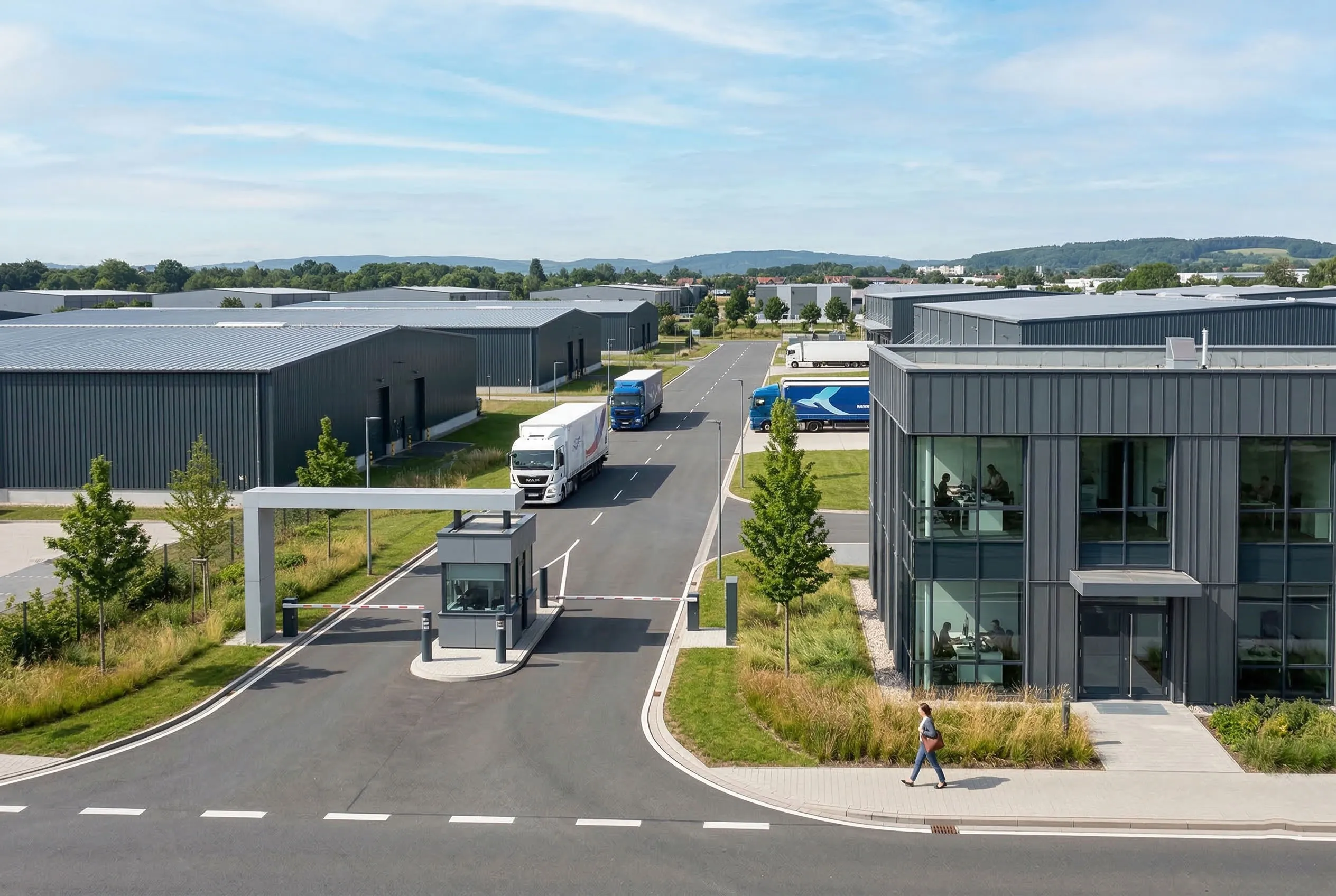 Logistics office building with steel frame exterior beside warehouse facilities, truck access roads, security gate and workspaces for dispatch and operations management.