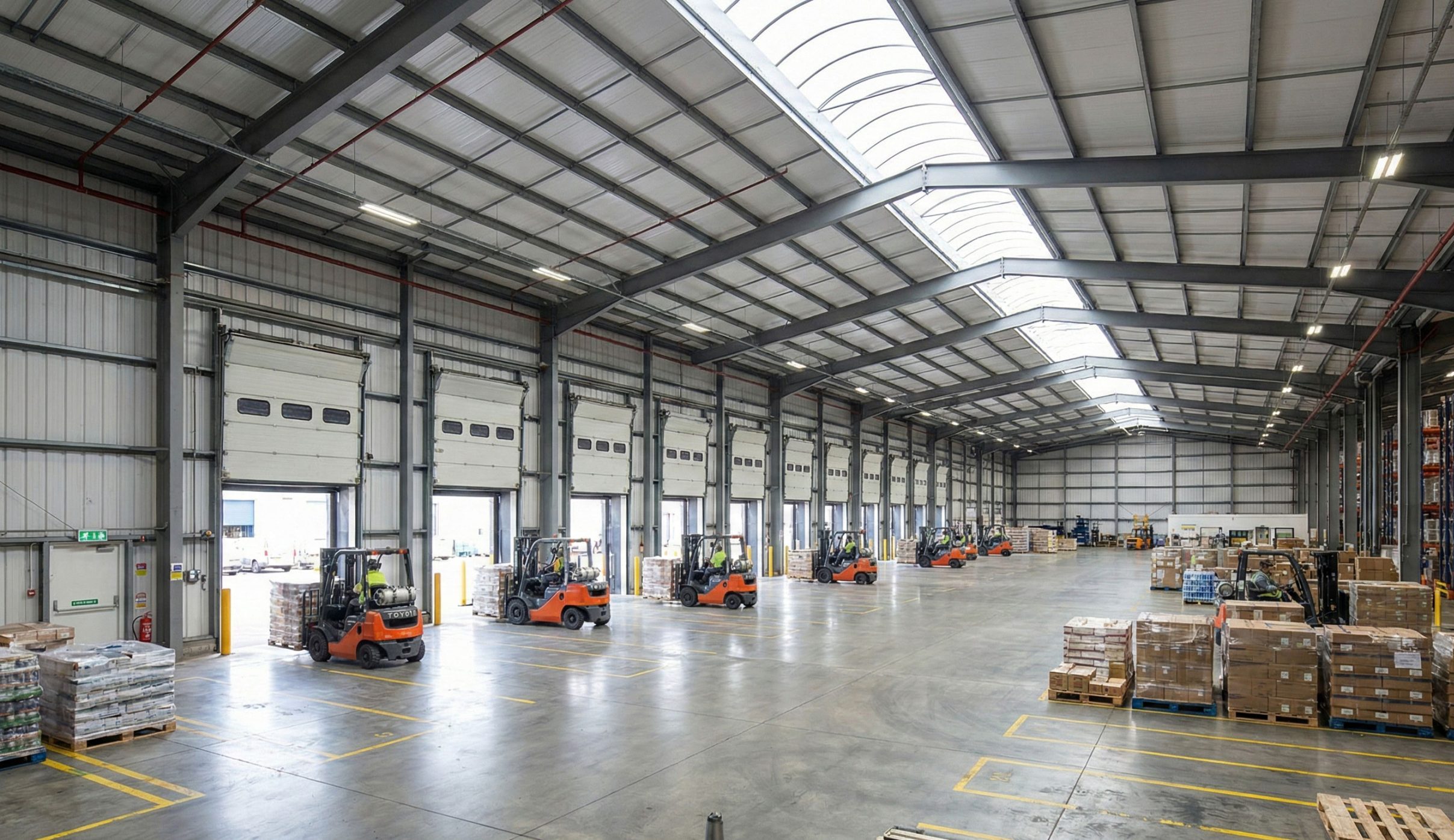 Steel logistics warehouse interior with loading bays, forklifts, palletized goods, and continuous roof skylights.