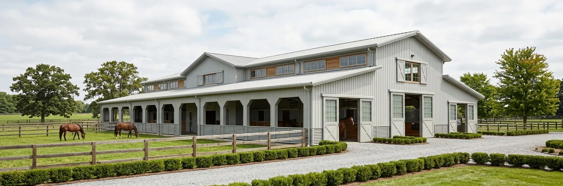 Luxury horse barns with metal roof panels, stable doors, fenced paddocks, and custom exterior design for equestrian farm projects.