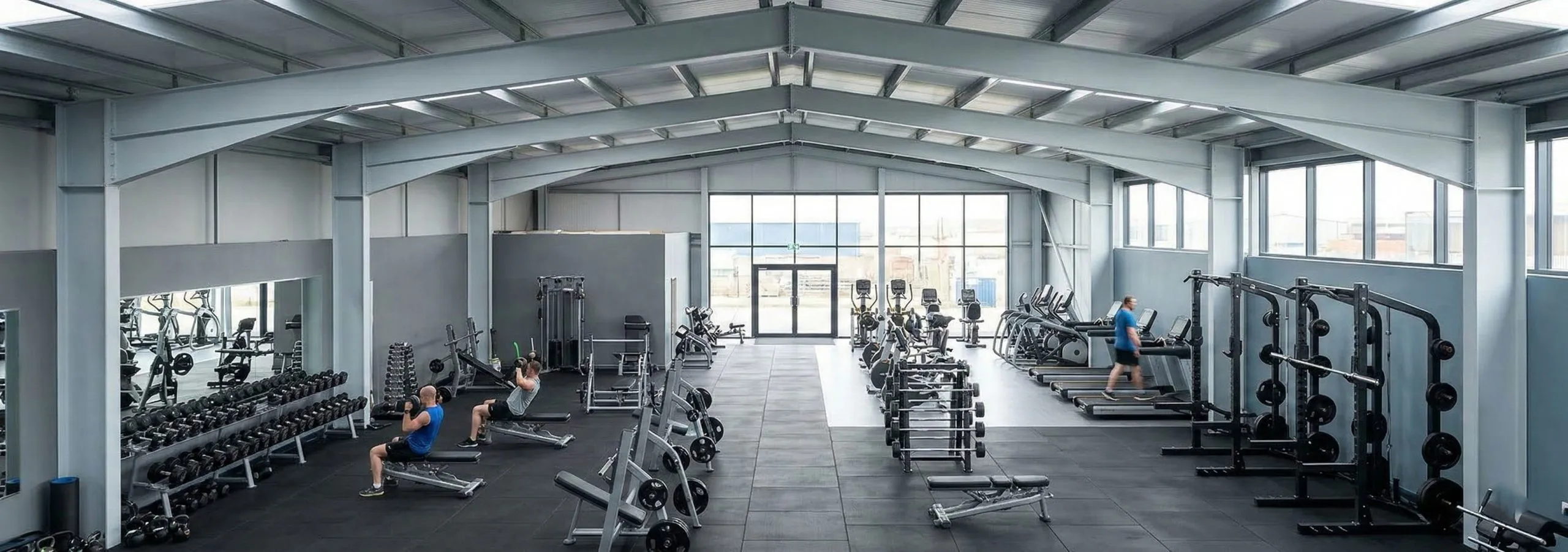 Open fitness floor beneath rigid steel rafters, with free weights, cardio machines and strength stations.