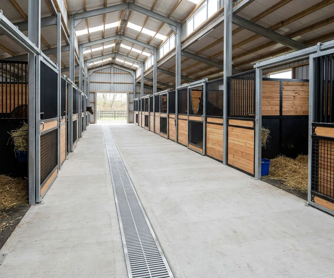 Metal horse barns with stalls featuring galvanized steel frames, wood panel stall fronts, skylight roofing, and a central drainage aisle for equestrian facilities.
