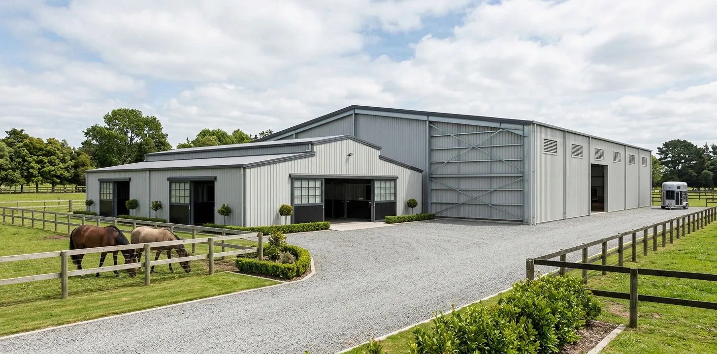 Metal horse barns with steel wall panels, large sliding doors, fenced paddocks, and stable areas for equestrian farm projects.
