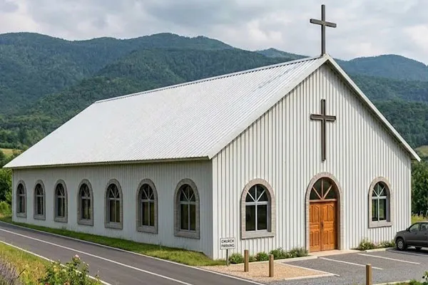 Middle East steel church building project with metal roof panels, arched windows, front cross design, and prefabricated steel structure for worship facilities.
