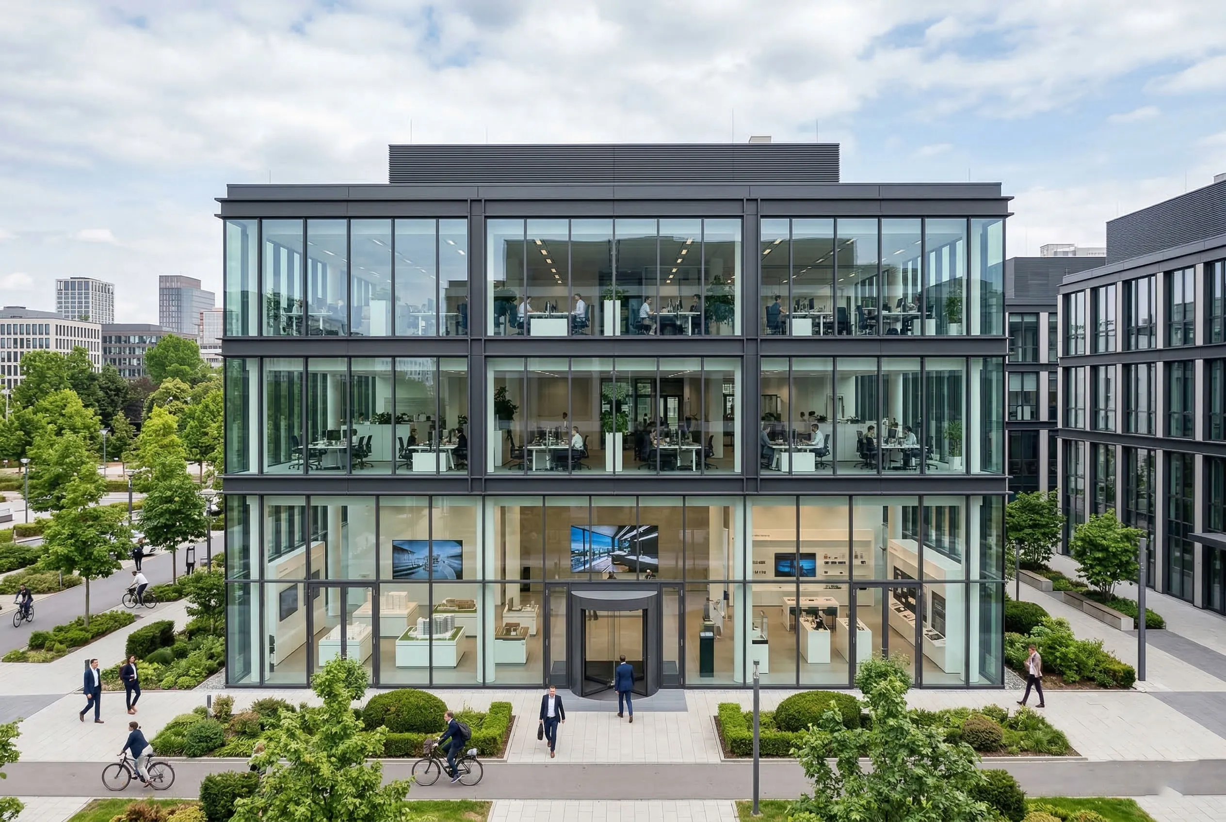 Mixed-use office building with steel frame structure, full glass facade, upper-floor workspaces, ground-floor display area and central entrance for office and client reception use.