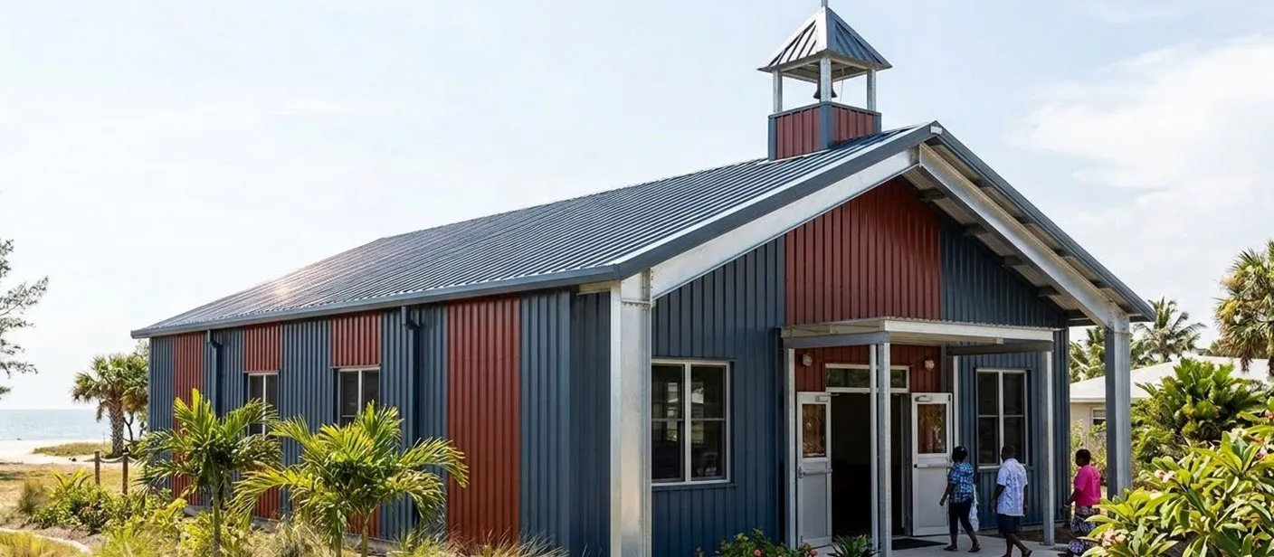 Modern church building with blue and red metal wall panels, standing seam roof, front entrance canopy, and cupola tower for coastal worship projects.