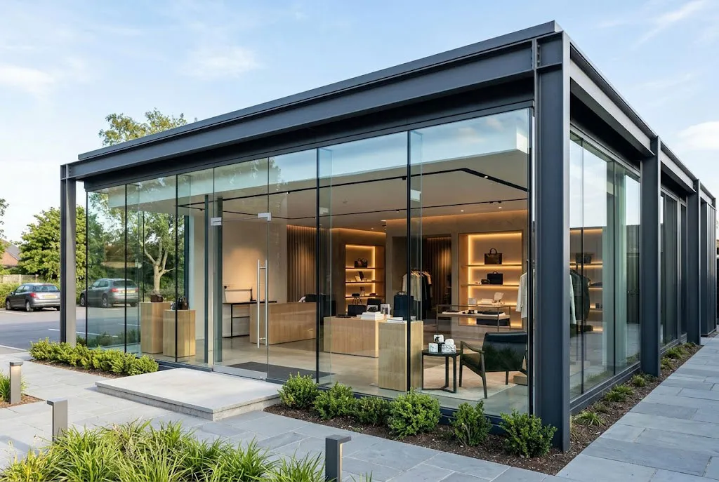 Modern showroom building with steel frame and full glass facade design for premium product display and commercial presentation