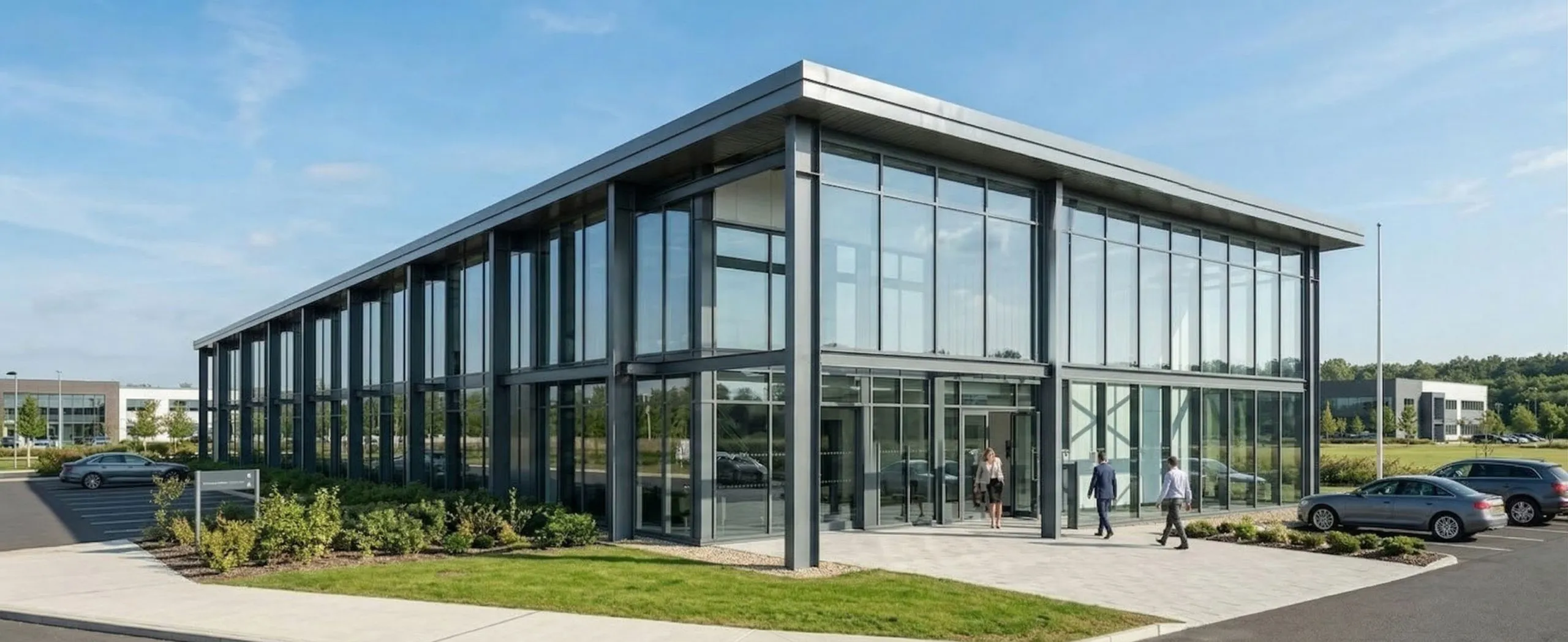 Modern steel showroom building with glass curtain wall facade and customized frame structure for commercial display applications