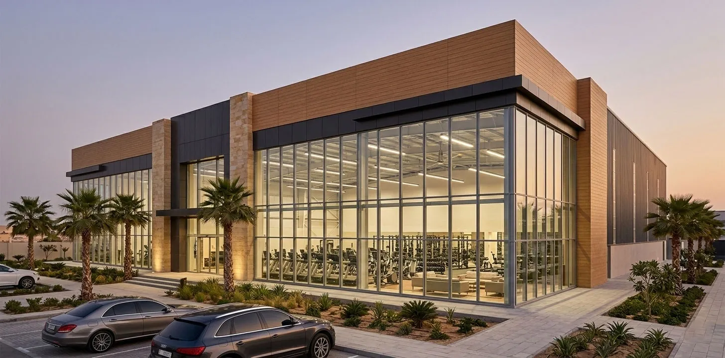 Modern gym building design with steel structure frame and glass facade for commercial fitness facilities.