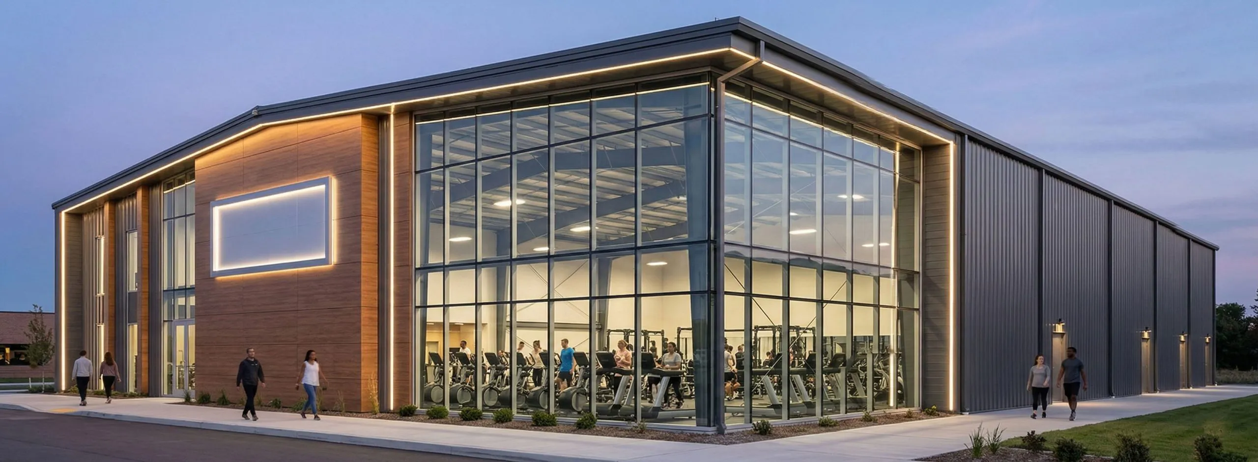 Modern steel gym with glass curtain walls, wood-look panels, metal cladding and illuminated facade lines.
