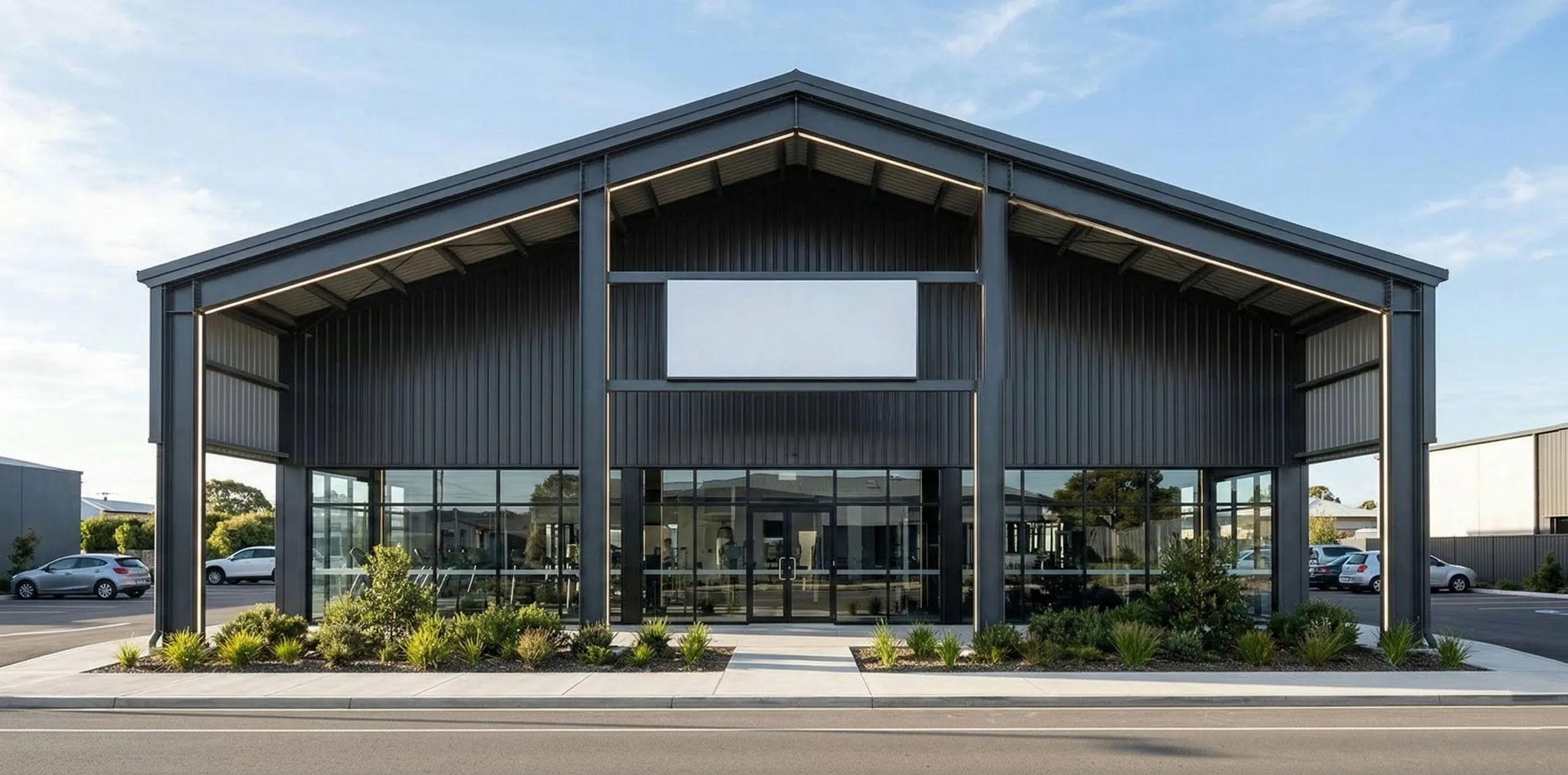 Modern gym exterior with dark metal panels, glass entrance, canopy design and landscaped frontage.