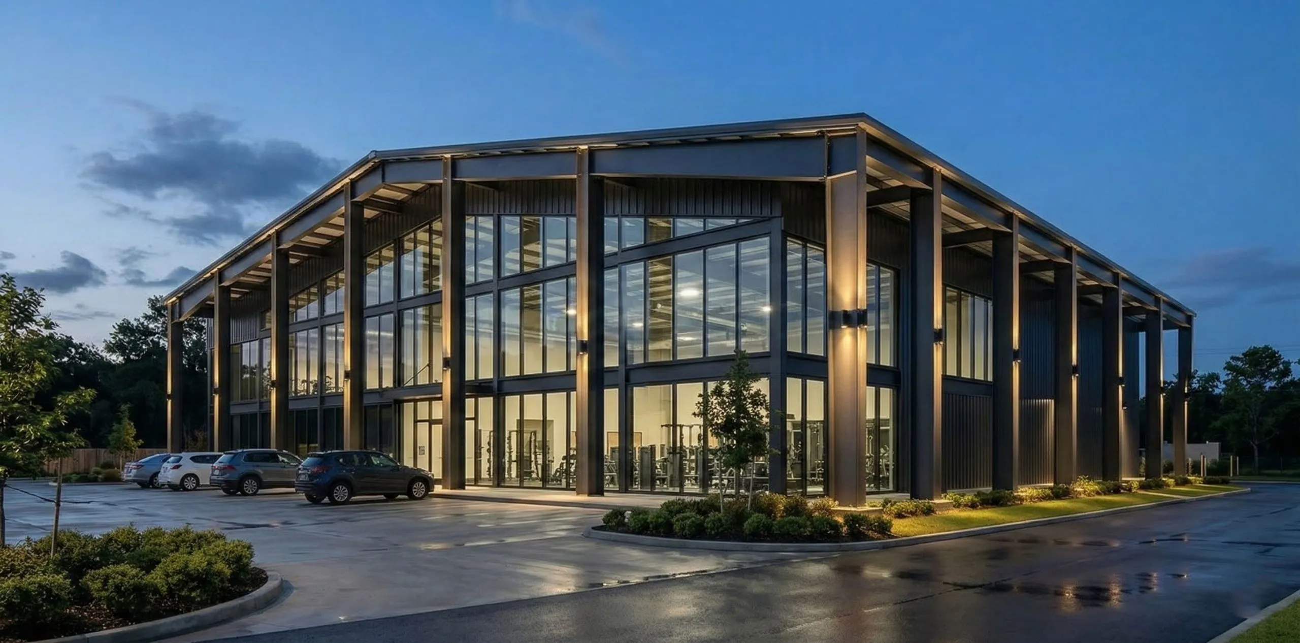 Modern gym exterior design featuring glass facade, exposed steel frame and illuminated building appearance.