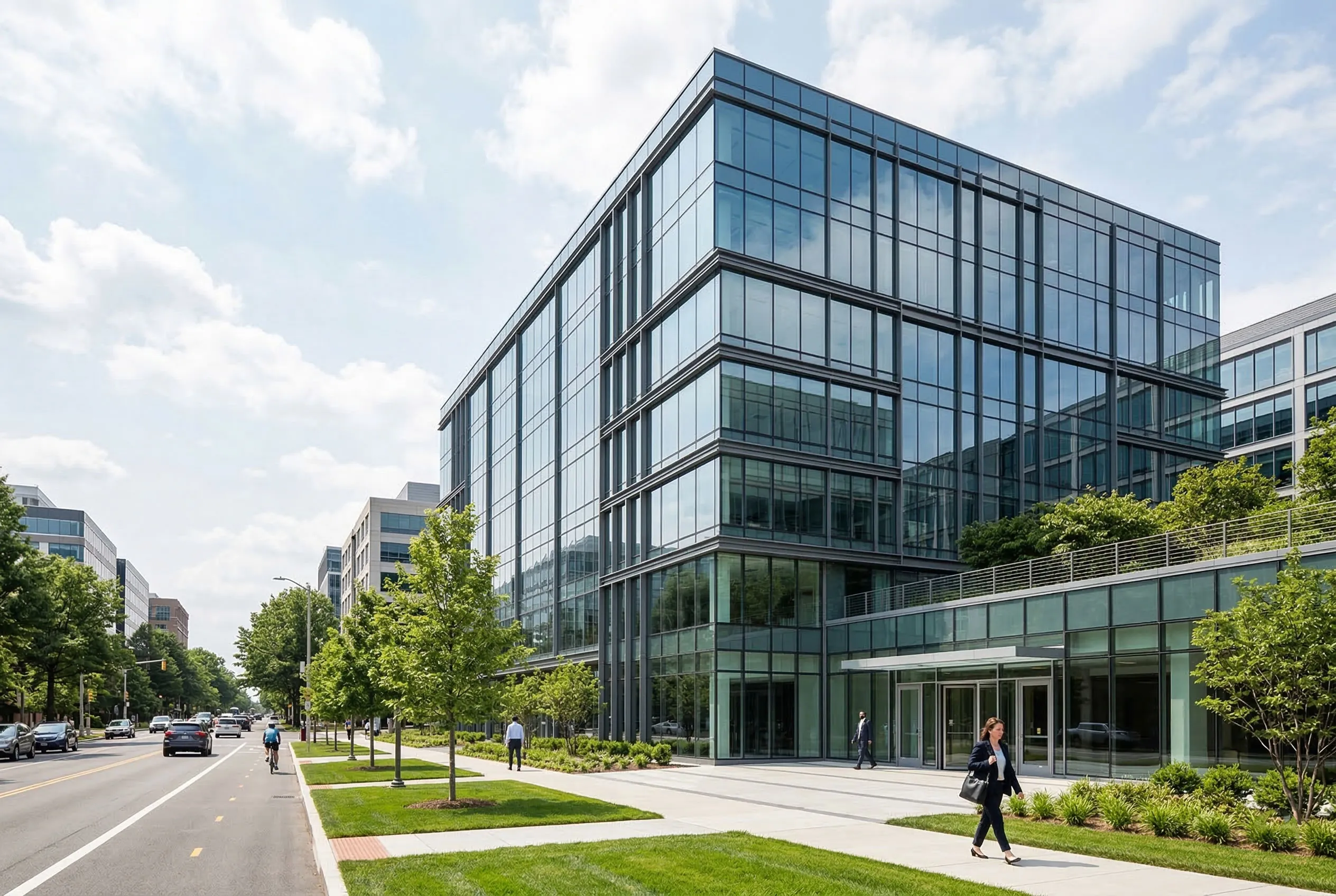 Modern office building design with steel frame structure, glass street facade, landscaped sidewalk, business entrance and professional workspace for corporate office use.