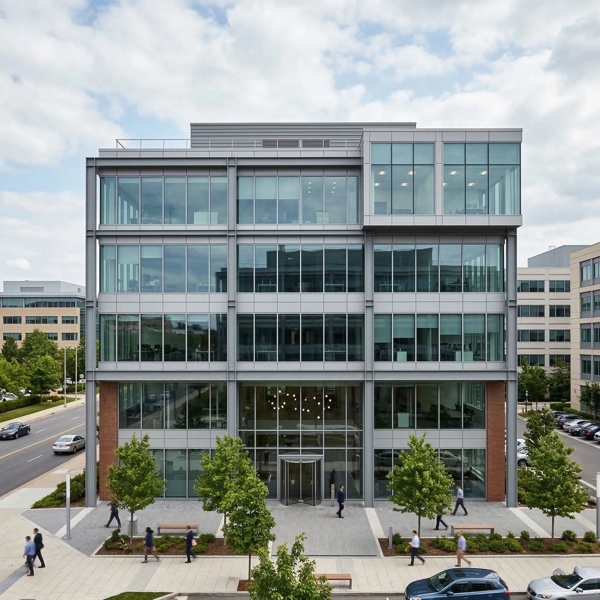 Modern office building facade with steel frame structure, full-height glass exterior, central entrance, landscaped walkway and multi-floor workspace for professional office use.