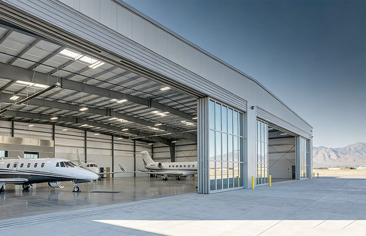 Modern private aircraft hangar with two executive jets parked inside a bright steel interior with wide door openings.