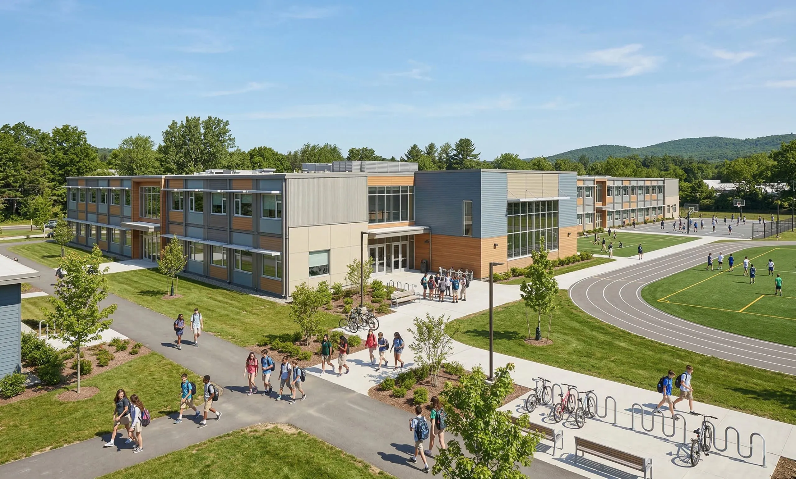 Modern school building exterior with two-story classroom blocks, large windows, campus walkways, landscaped outdoor areas, and a sports field for student activities.
