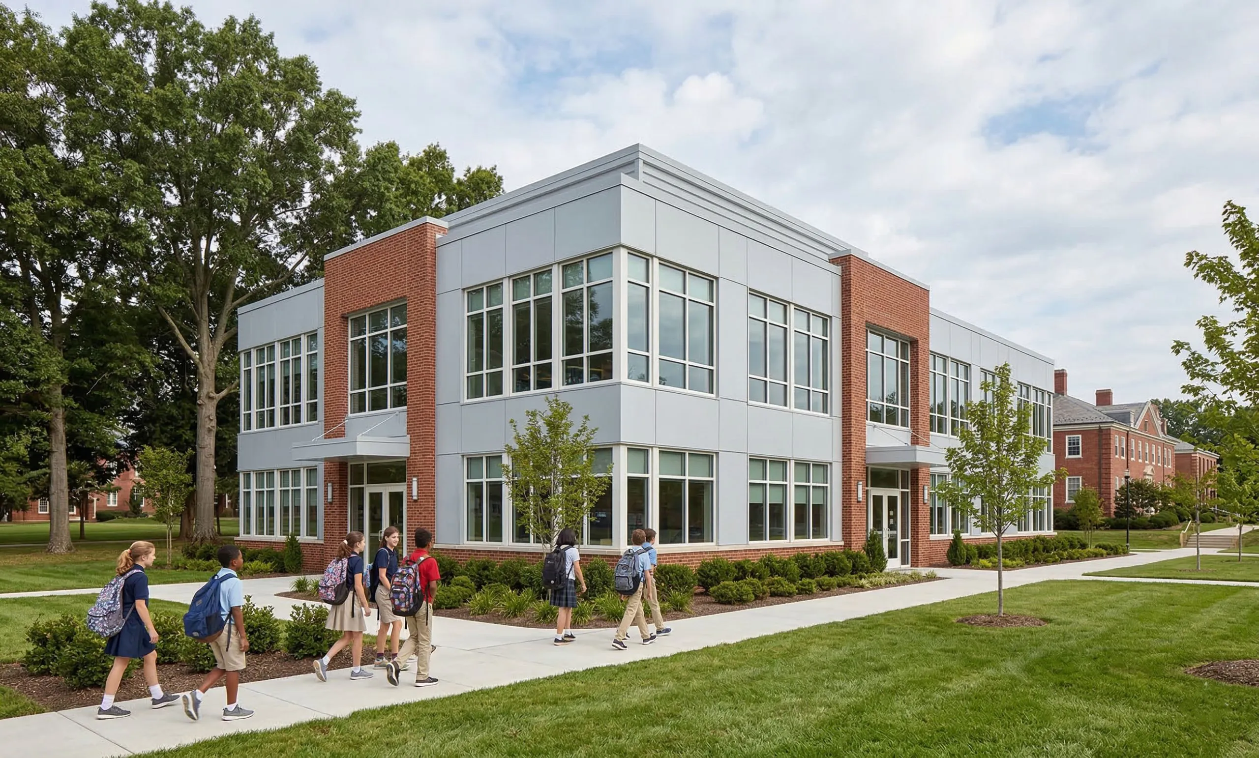 Modern school building exterior with two-story classroom blocks, large daylight windows, brick and panel facade, and students walking through a landscaped campus.