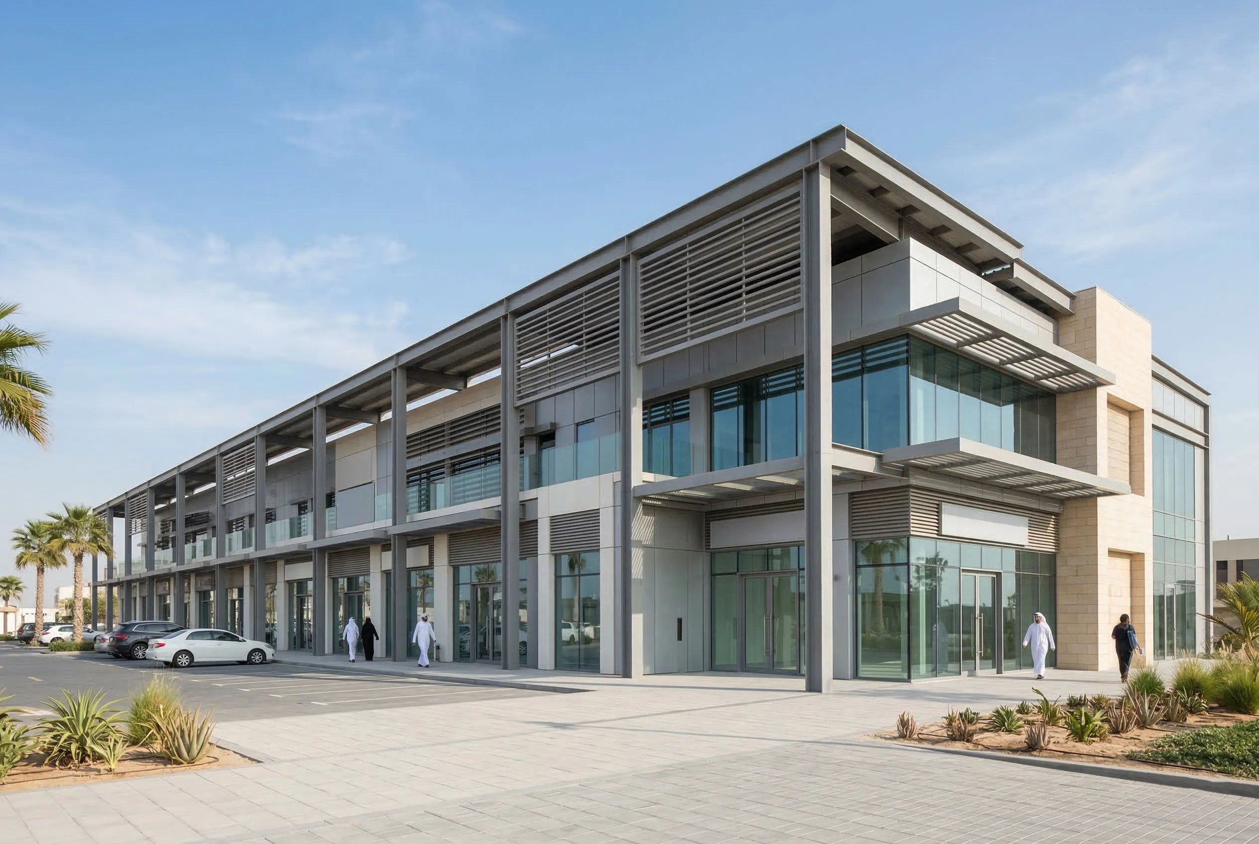 Shopping mall design with steel columns, glass storefronts, sunshade louvers, and outdoor parking