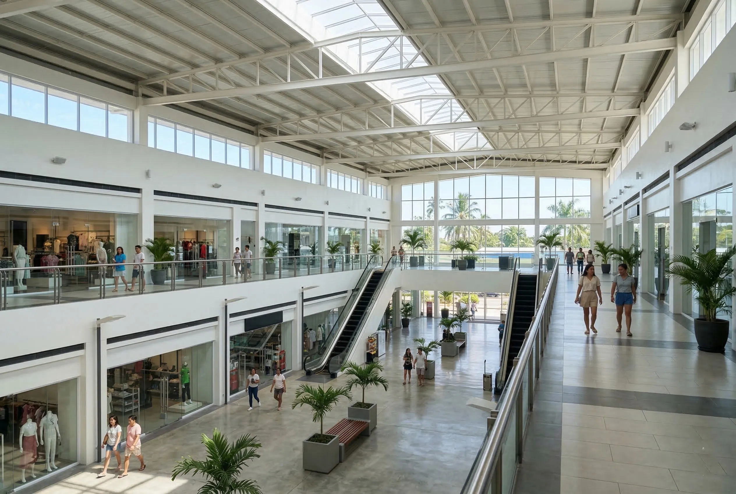 Modern shopping mall interior with steel roof trusses, skylights, escalators, and retail stores