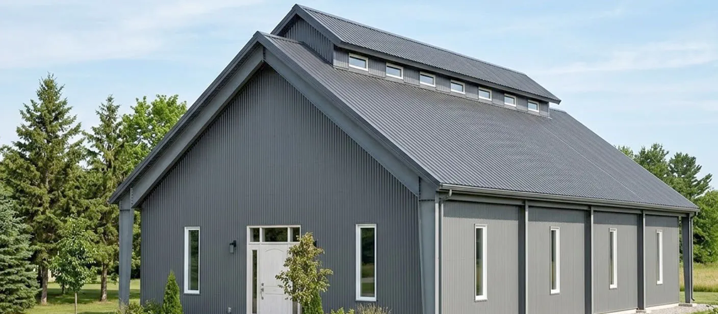 Modern steel church building with gray metal wall panels, pitched roof, clerestory windows, and clean exterior design for worship and community use.